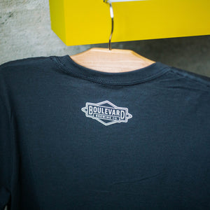 back of t-shirt with small "Boulevard Brewing Co" logo at nape of neck