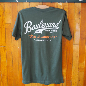 The back of a grey t-shirt, that says, "Boulevard Brewing Co., Est. 1989, 'Best in the Midwest', Kansas City"