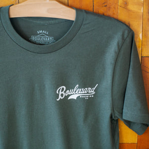 The front of a grey t-shirt that says, "Boulevard Brewing Co."