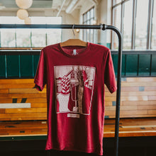 Load image into Gallery viewer, Maroon t-shirt with American Gothic-esque image
