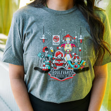 Load image into Gallery viewer, Person wearing a gray t-shirt with colorful Space Camper graphic design and 'Boulevard Brewing Co.' logo.
