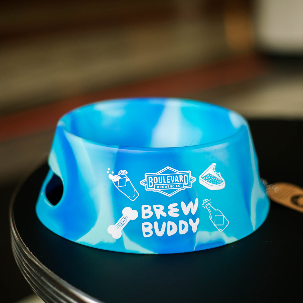 A blue tie-dye silicone dog bowl.