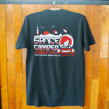 Load image into Gallery viewer, &quot;Space Camper Cosmic IPA Boulevard Brewing Co. Kansas City MO&quot; on back of black t-shirt with rocket, astronaut and space imagery 
