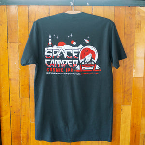 "Space Camper Cosmic IPA Boulevard Brewing Co. Kansas City MO" on back of black t-shirt with rocket, astronaut and space imagery 