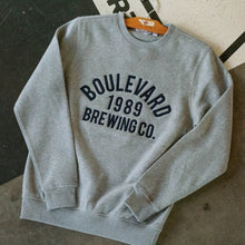 Load image into Gallery viewer, grey crewneck sweatshirt with embroidered &quot;Boulevard 1989 Brewing Co.&quot;
