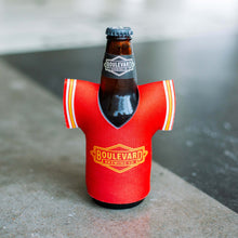 Load image into Gallery viewer, The front of the red 89 Football jersey koolie on a beer, depicting a yellow diamond Boulevard logo.
