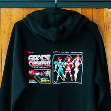 Load image into Gallery viewer, Black hoodie with space-themed graphics on a wooden surface
