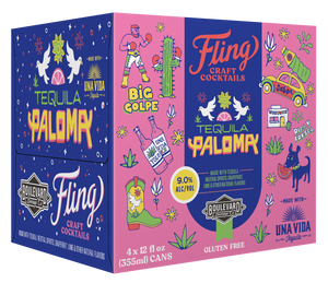 A four pack of Paloma Fling craft cocktails on a transparent background