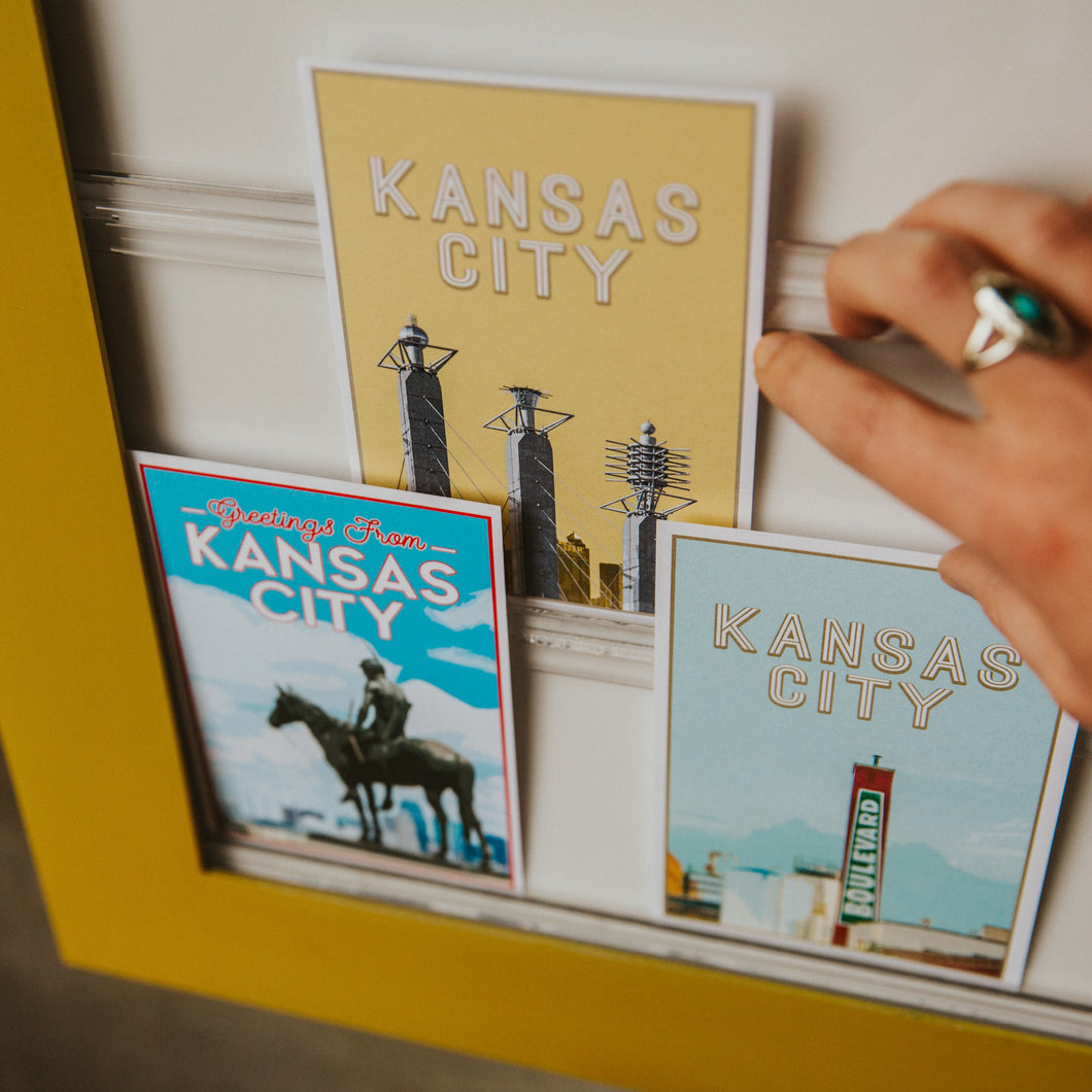 3 Kansas City Landmark Postcards (Bartle Hall, Scout statue and Boulevard Smokestack)