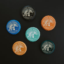 Load image into Gallery viewer, 6 bottle cap style magnets in various colors  Dark background on
