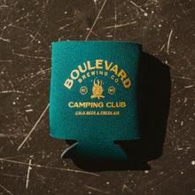 Load image into Gallery viewer,  A deep green koolie with yellow text that says, &quot;Boulevard Brewing Co., KC, MO, Camping Club, Cold Beer and Fresh Air,  and a campfire design.
