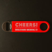 Load image into Gallery viewer, red paddle style bottle opener with &quot;CHEERS! BOULEVARD BREWING CO&quot;
