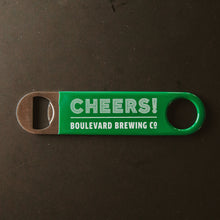 Load image into Gallery viewer, green paddle style bottle opener with &quot;CHEERS! BOULEVARD BREWING CO&quot;
