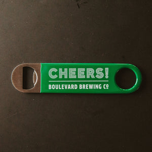 green paddle style bottle opener with "CHEERS! BOULEVARD BREWING CO"