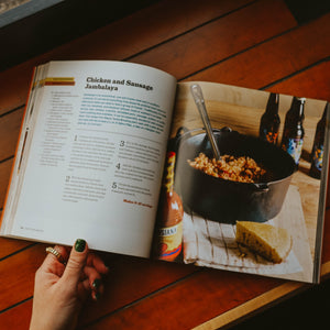 An inside page of the American Craft Beer Cookbook depicting a recipe for Chicken and Sausage Jambalaya.